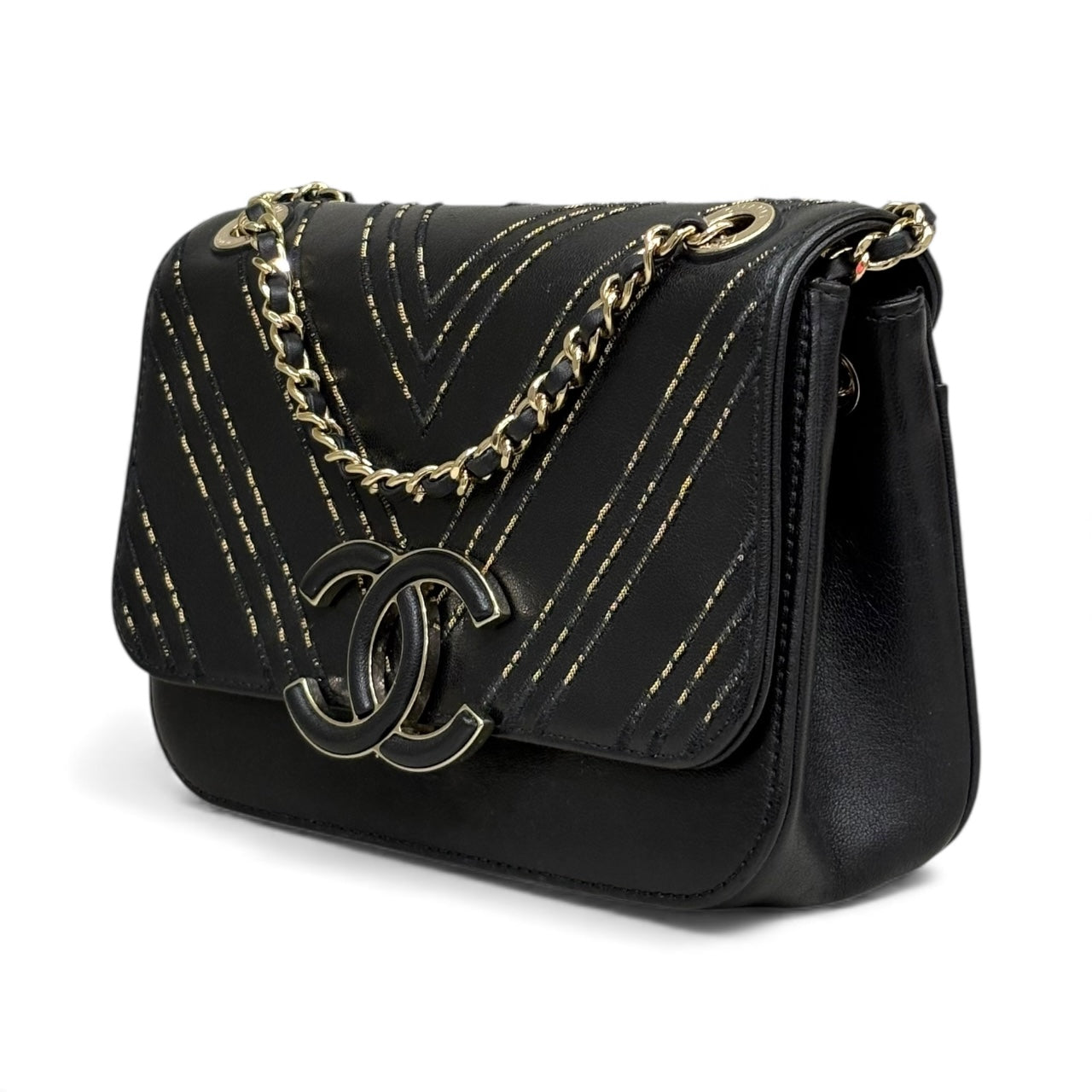 Chanel Chevron Quilted Chain Detail Flap Bag
