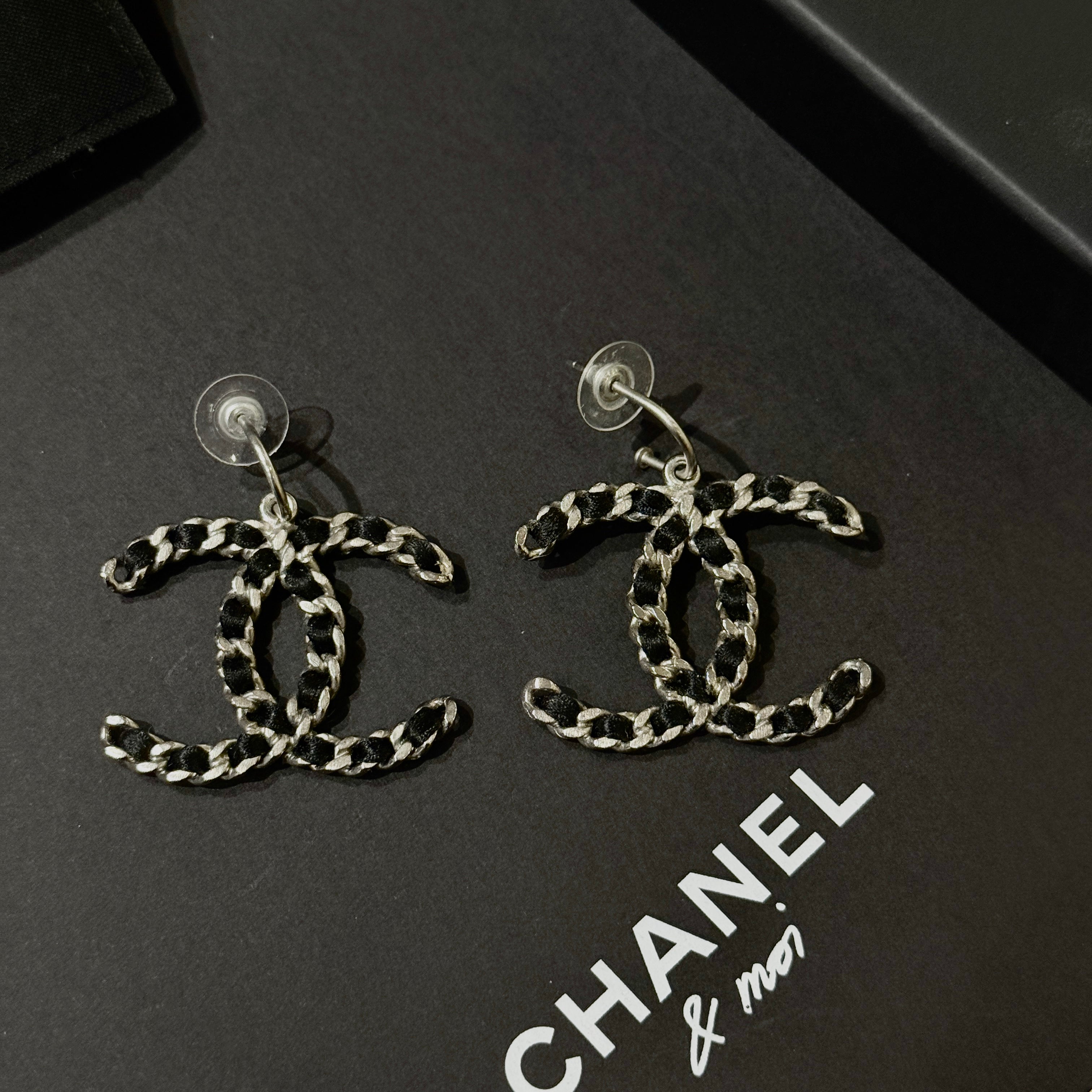 CHANEL Earrings Black Silver Pre-Owned