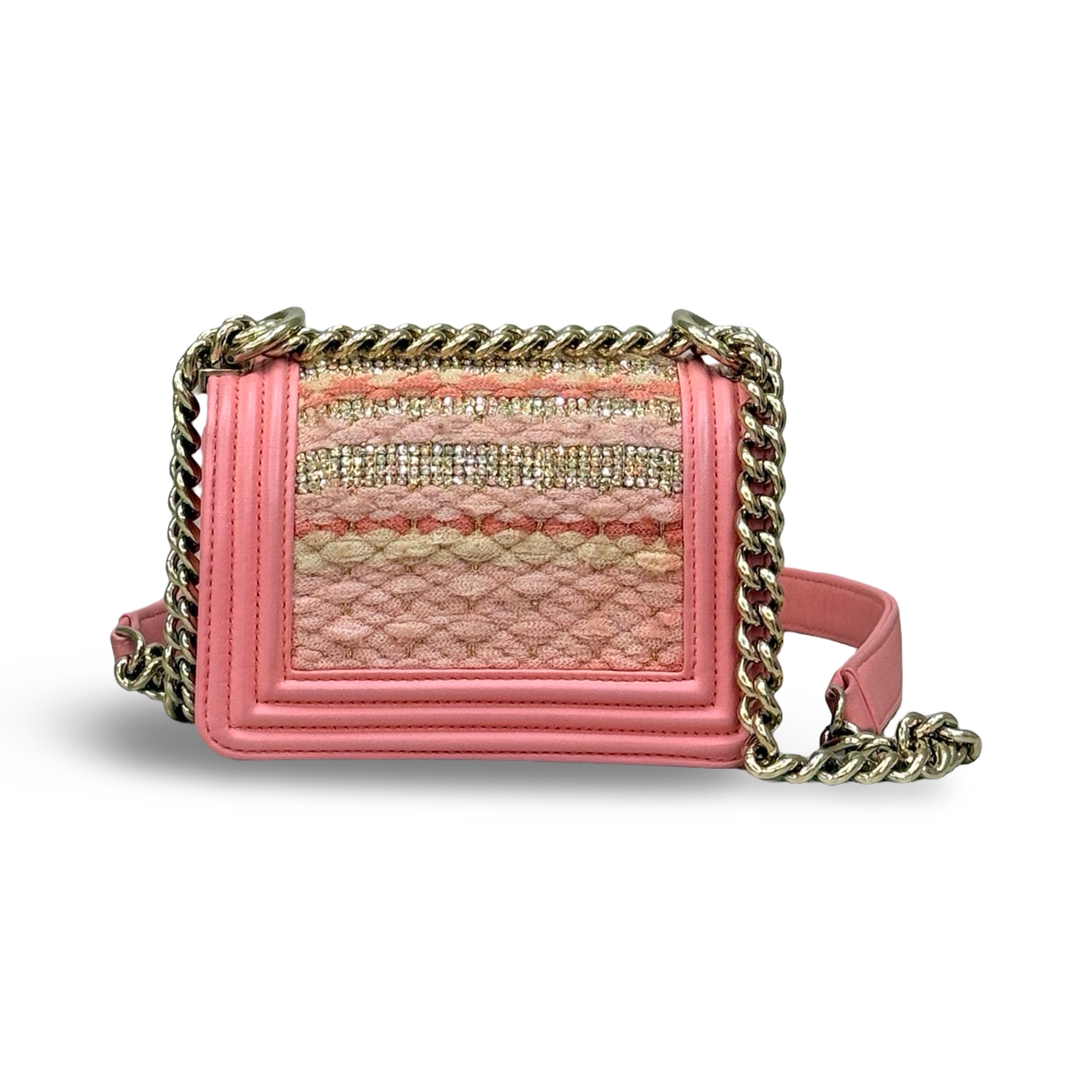 Chanel Mini Boy Bag | Pink Tweed with Crystals | Gold Hardware | Pre-Owned