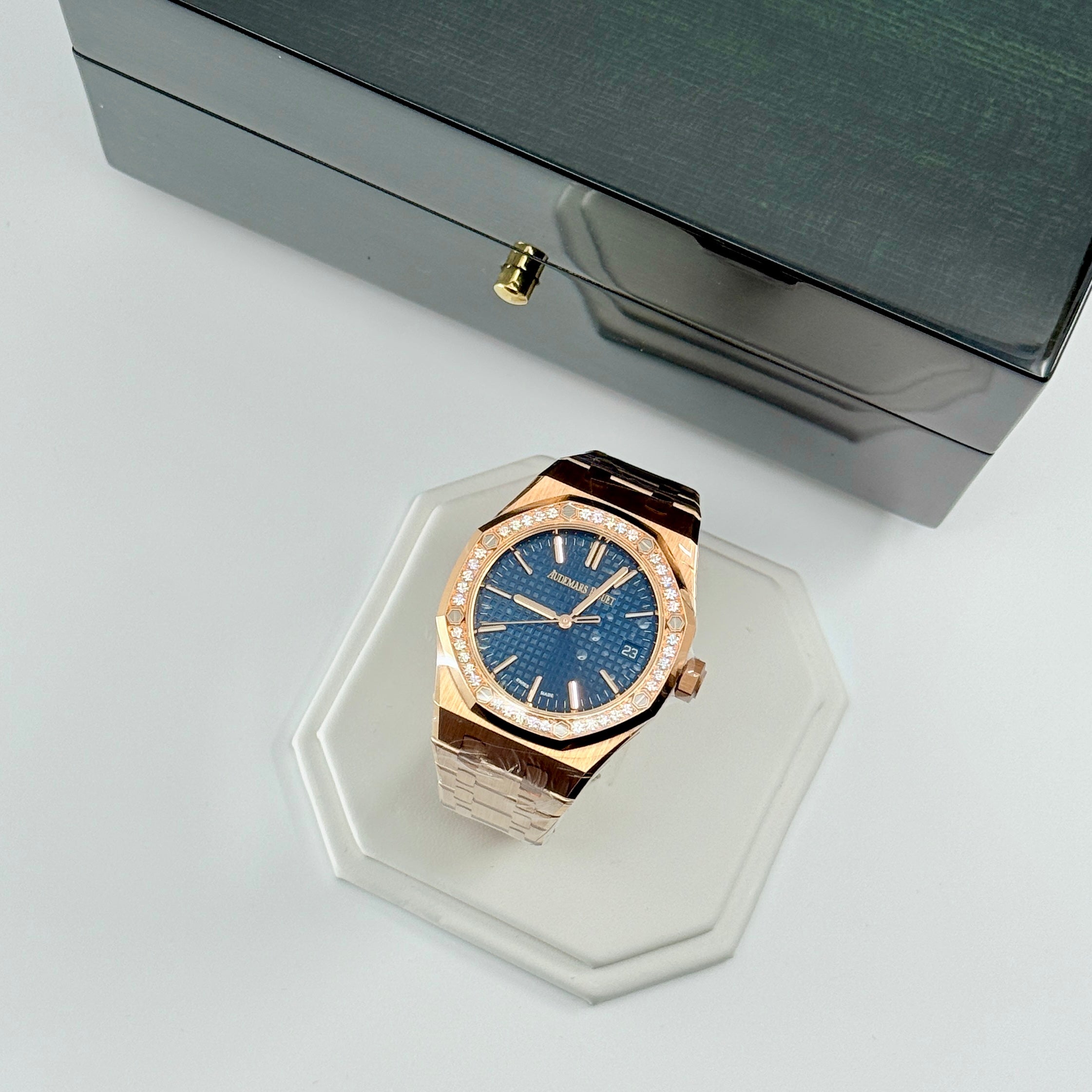 Audemars Piguet Royal Oak 15551OR | Rose Gold | Blue Dial | Diamond Bezel | NEW
