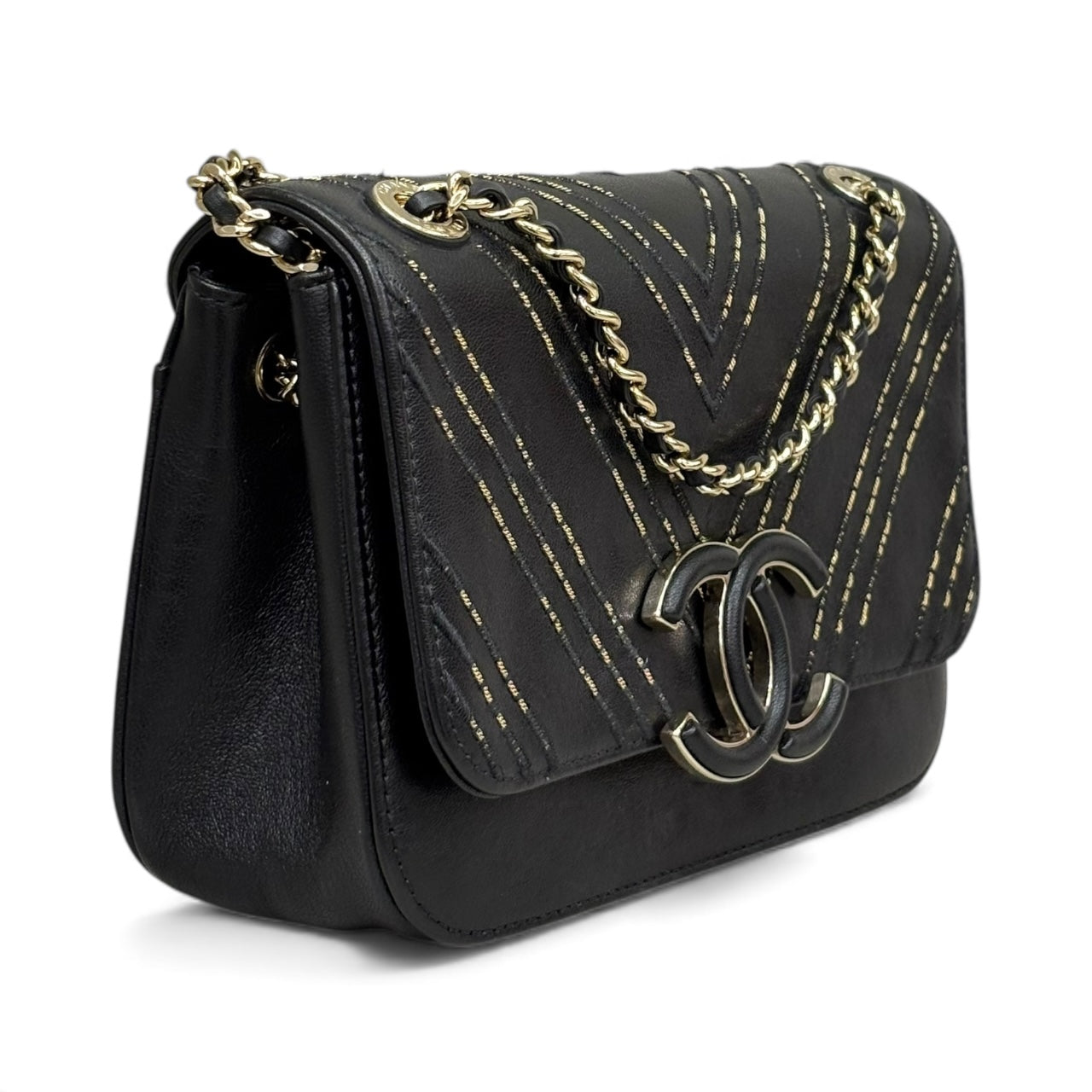 Chanel Chevron Quilted Chain Detail Flap Bag