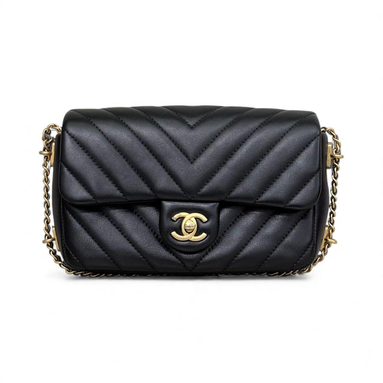 Chanel Classic Flap Small Chevron Quilted Chain Around Small Rectangular Flap Black
