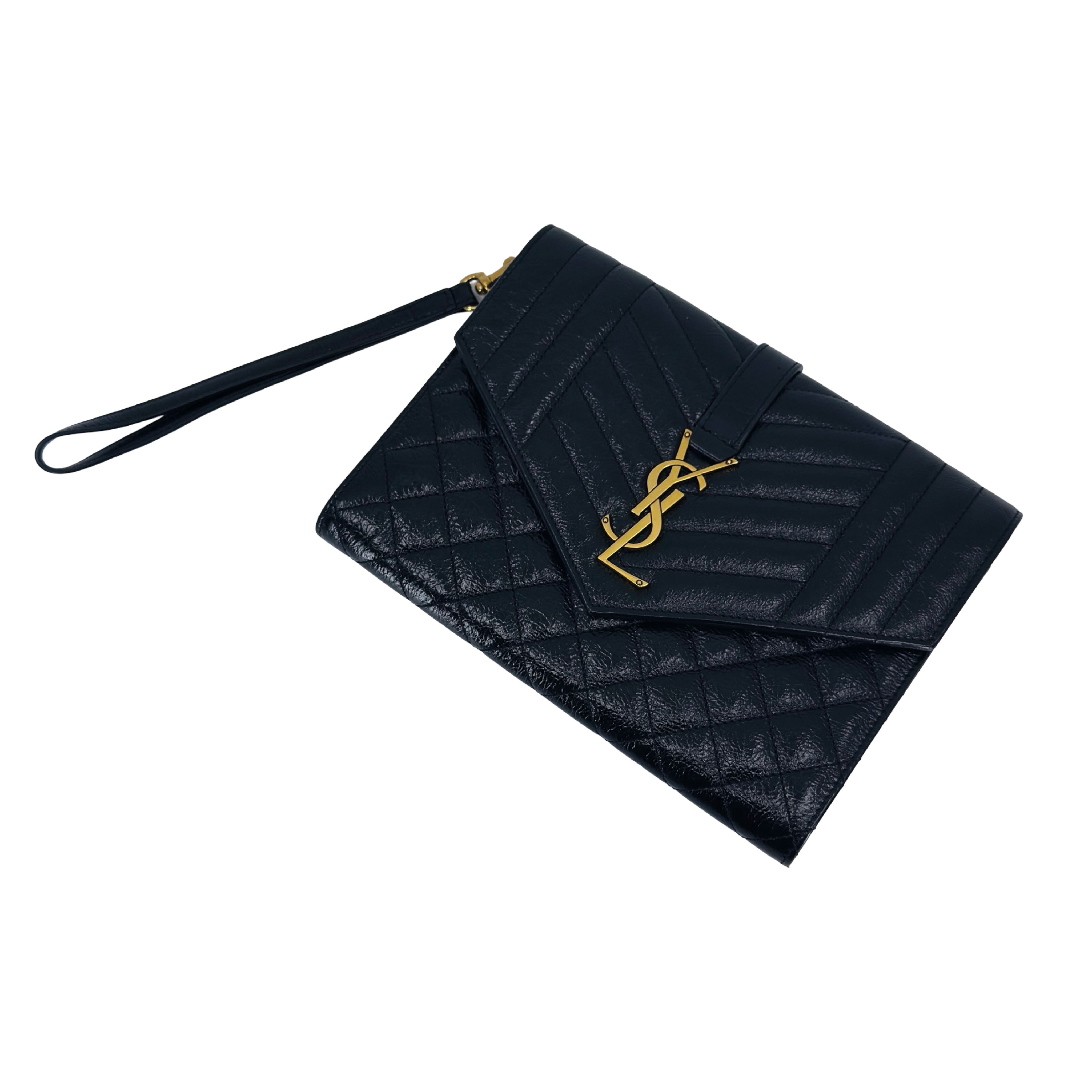 Saint Laurent Clutch | Shiny Calfskin Leather | Gold Hardware | Pre-Owned
