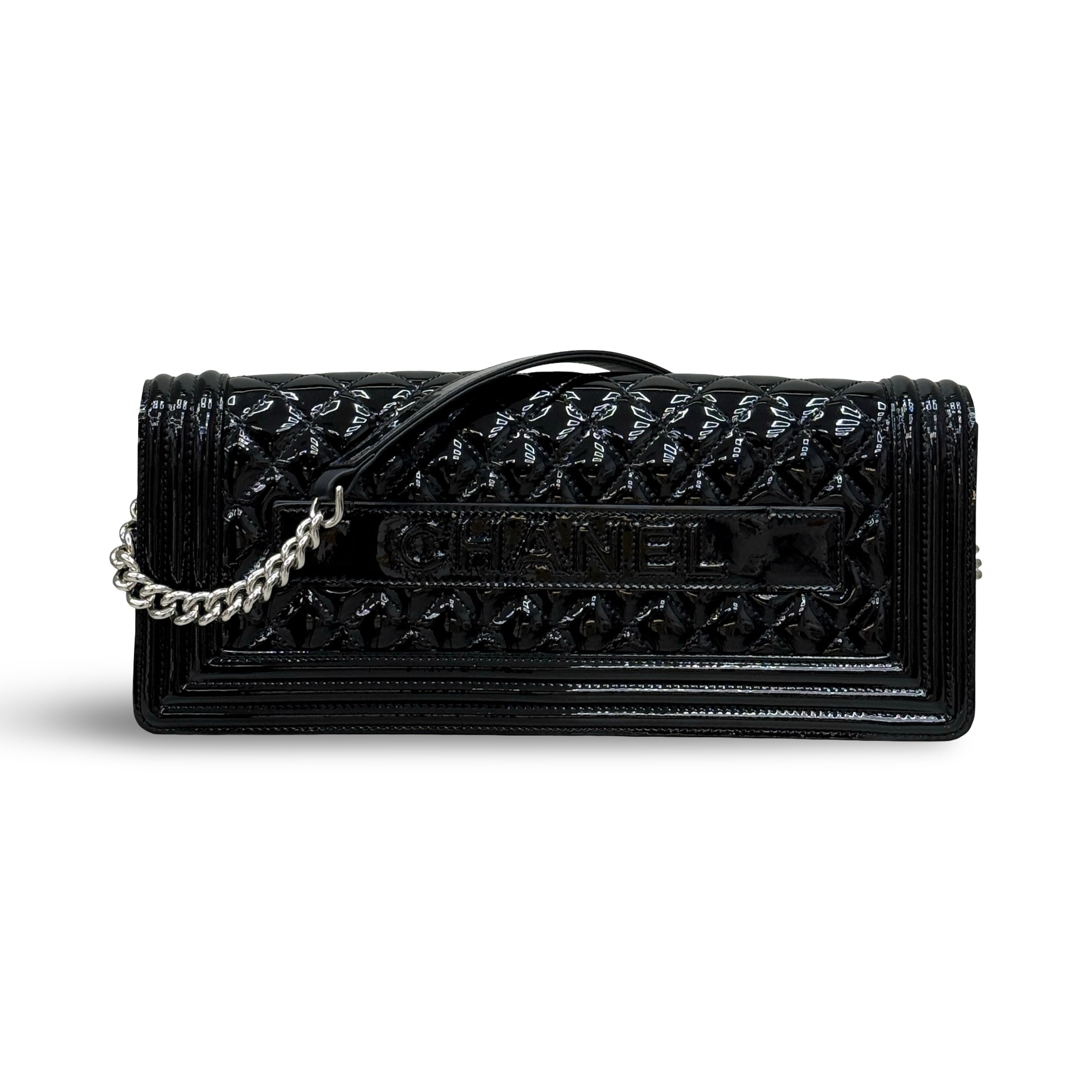 Chanel Boy Clutch with Chain | Black Patent Leather | Silver Hardware | Pre-Owned