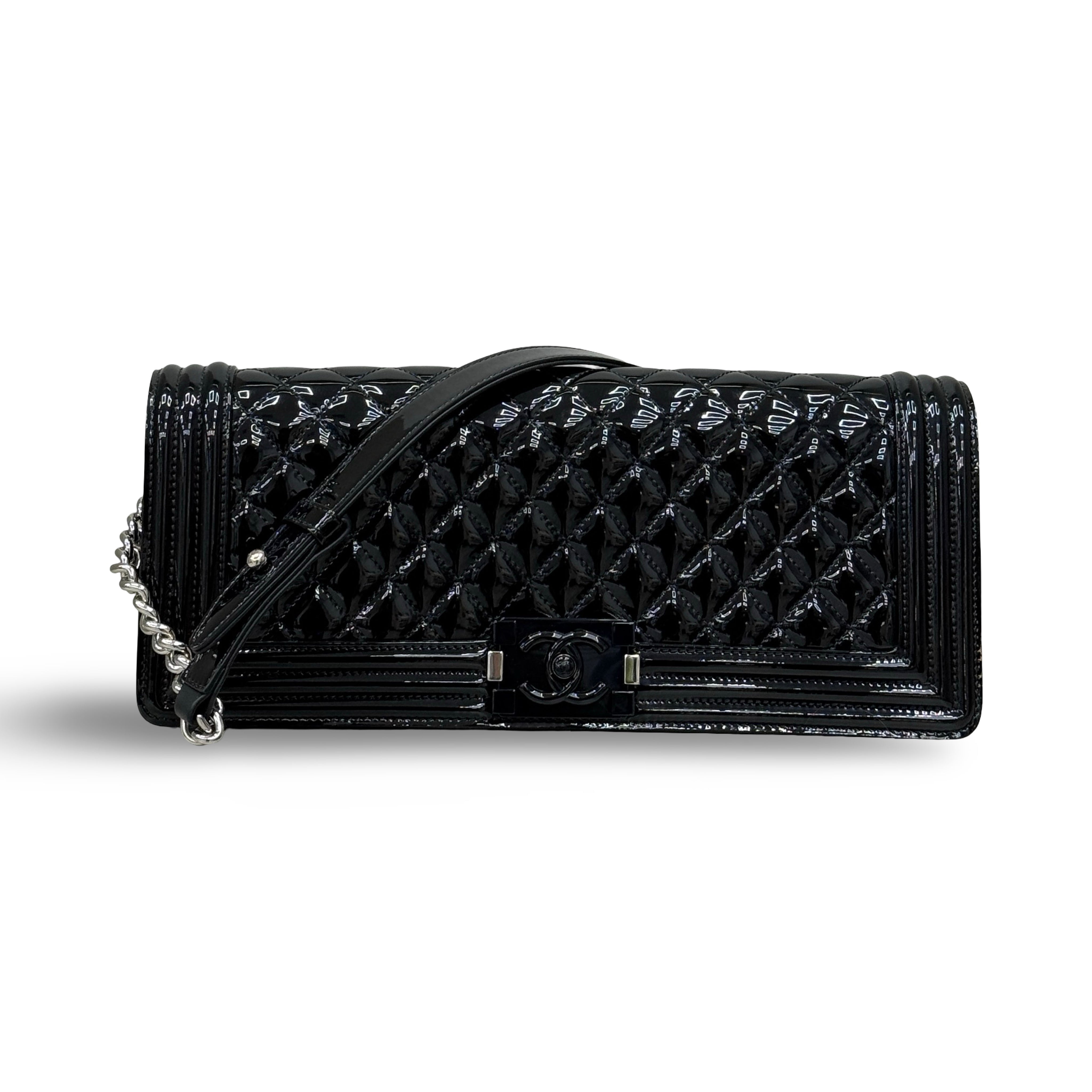Chanel Boy Clutch with Chain | Black Patent Leather | Silver Hardware | Pre-Owned