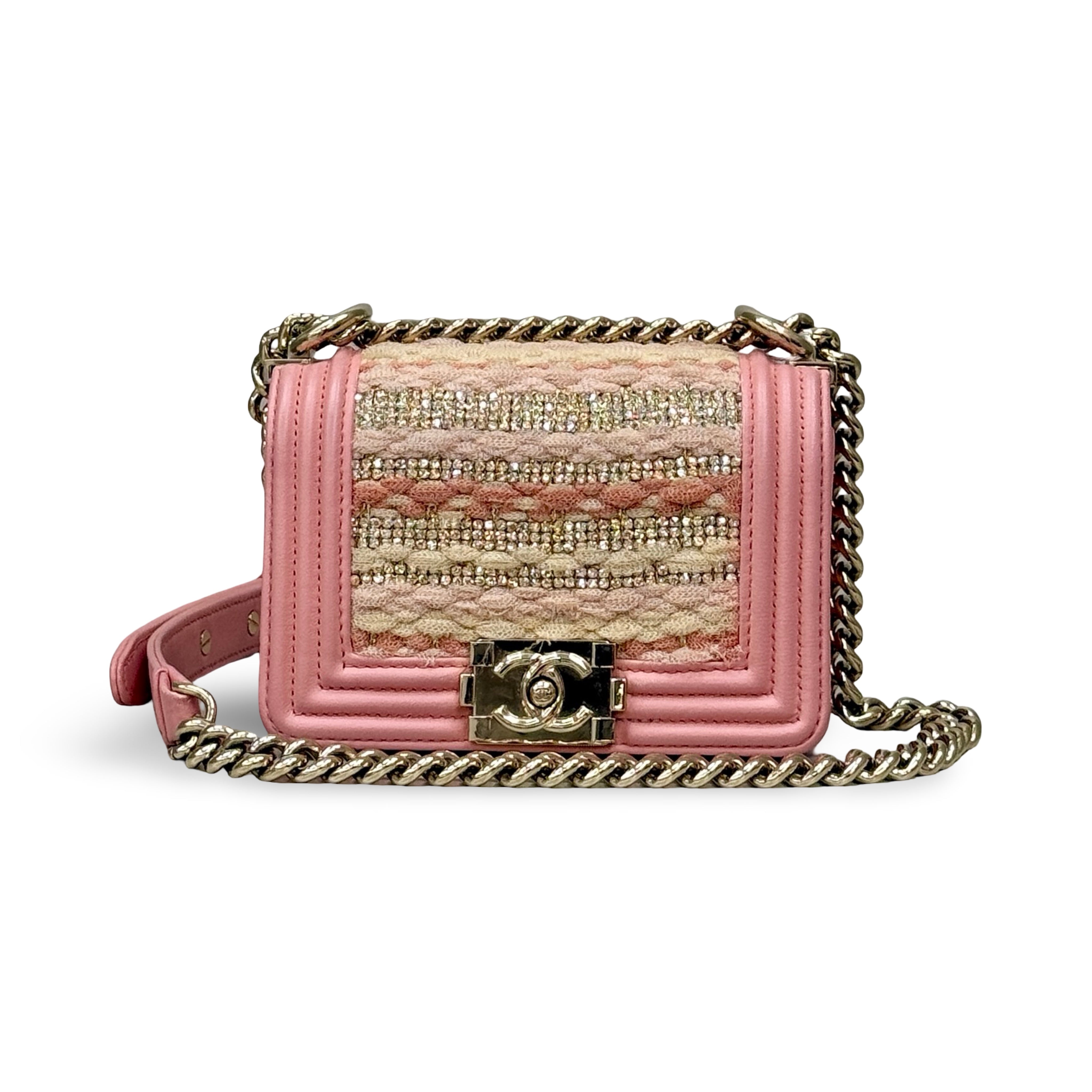 Chanel Mini Boy Bag | Pink Tweed with Crystals | Gold Hardware | Pre-Owned