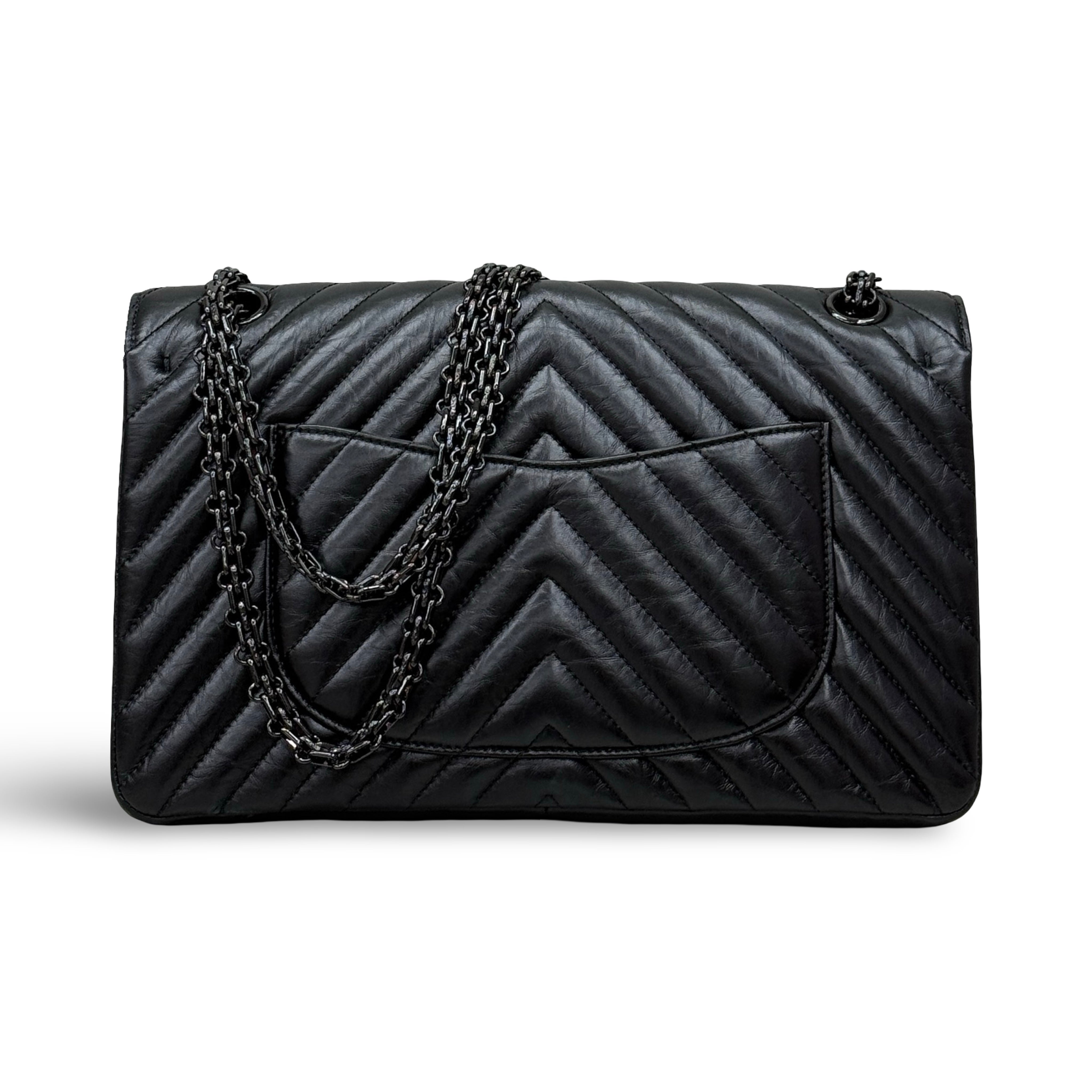 Chanel 2.55 Reissue Large | Aged Calfskin Chevron Quilted | So Black Hardware | PRE-OWNED