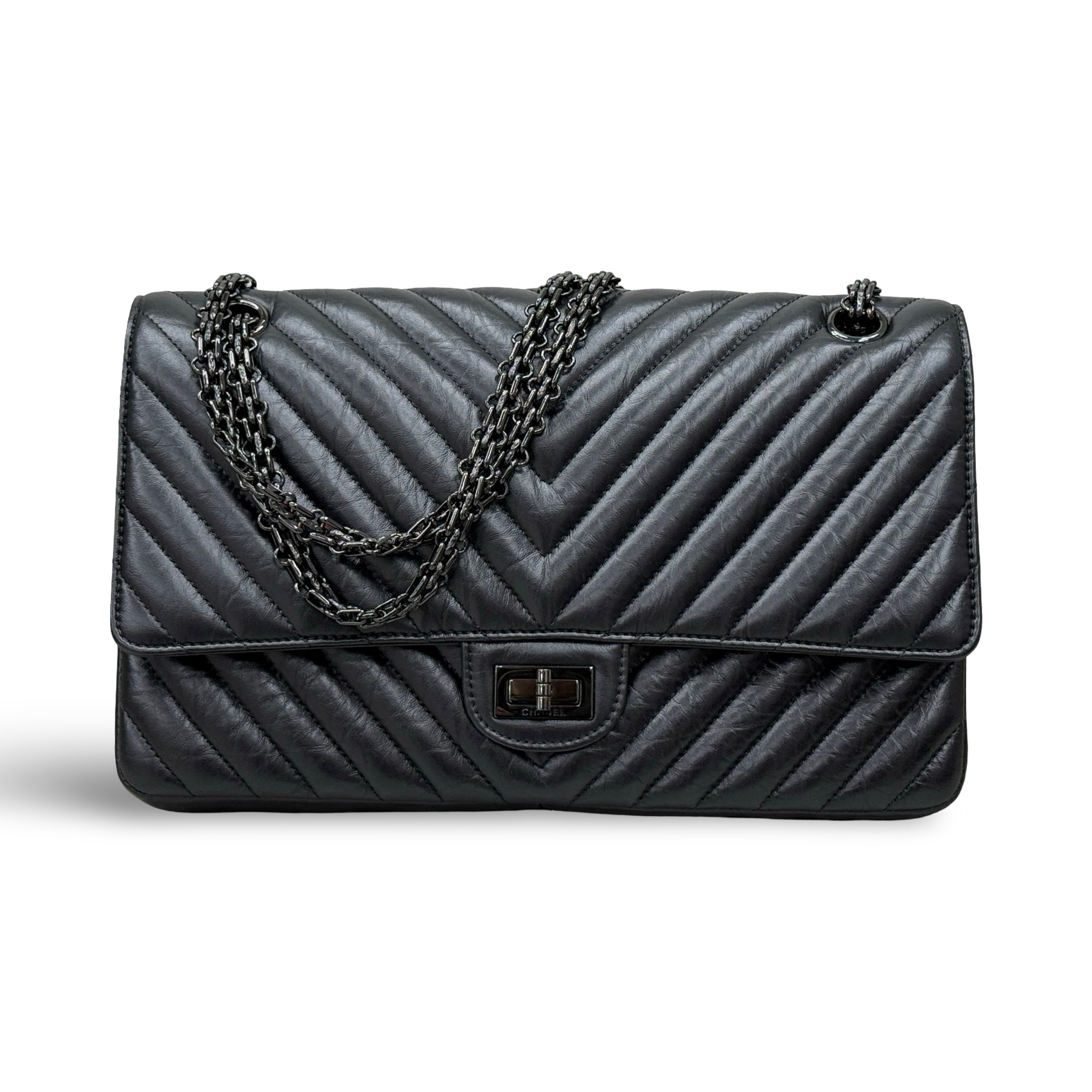Chanel 2.55 Reissue Large | Aged Calfskin Chevron Quilted | So Black Hardware | PRE-OWNED