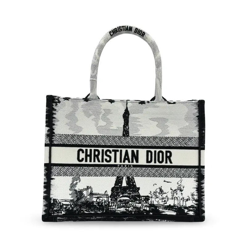 Dior Book Tote Medium | White & Black Embroidered Canvas | NEW