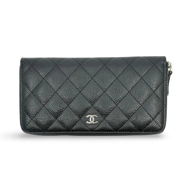 Chanel Zip Around Wallet | Black Caviar Leather | Silver Hardware | PRE-OWNED EXCELLENT | Full Set