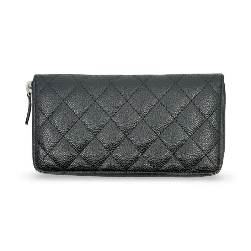 Chanel Zip Around Wallet | Black Caviar Leather | Silver Hardware | PRE-OWNED EXCELLENT | Full Set